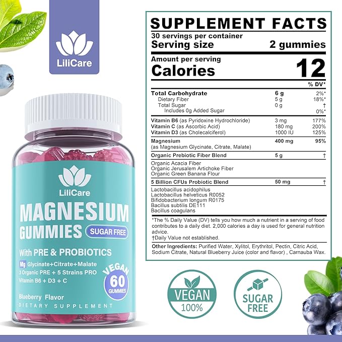 Triple Magnesium Complex Gummies 400mg with Prebiotics & Probiotics 5 Billion CFUs, Magnesium Glycinate, Supplement Gummies with Vitamin B6, D3 & C for Muscles & Mood - 60 Count (Pack of 1)