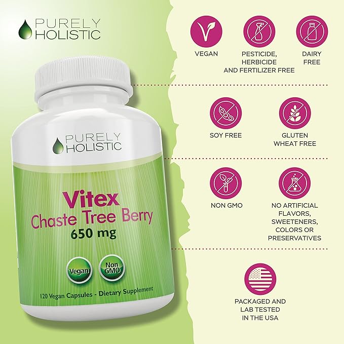 Purely Holistic Chasteberry Vitex Supplement 650mg - 4 Month Supply 120 Vegan Capsules Agnus-Castus Chaste Tree Berry Capsules Supports Normal Hormone Balance for Women