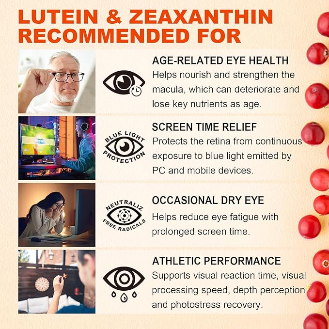 Sugar-Free Lutein Zeaxanthin Supplements Gummies (25mg) Vitamins A, C, E, Bilberry, Astaxanthin - Coconut Oil for Better Absorption - Adults & Teens Vision Health, Eye Strain, Dry Eyes - Vegan, 60Cts