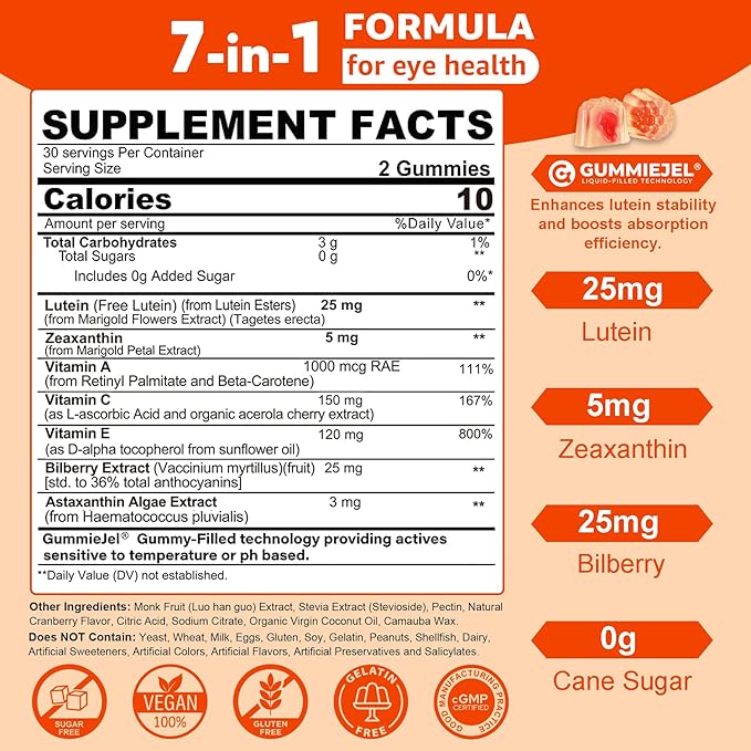 Sugar-Free Lutein Zeaxanthin Supplements Gummies (25mg) Vitamins A, C, E, Bilberry, Astaxanthin - Coconut Oil for Better Absorption - Adults & Teens Vision Health, Eye Strain, Dry Eyes - Vegan, 60Cts