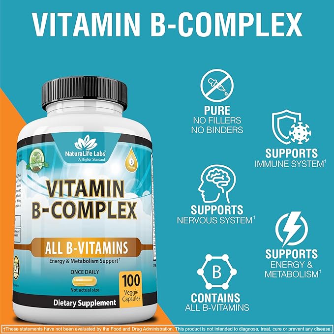 NaturaLife Labs Vitamin B Complex with Vitamin C and Folic Acid - B12, B1, B2, B3, Vitamin B5 Pantothenic Acid, B6, B7, B9 - Nervous System Support 100 Veggie Capsules