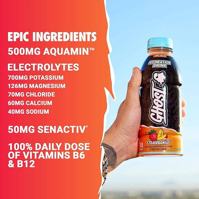 GHOST Hydration Drink, Strawbango - RTD Sports Drink with Electrolytes, Natural Vitamins & Minerals - All Day Lifestyle Hydration Beverage - Zero Caffeine & Zero Sugars - 16.9 Fl Oz, 12 Pack