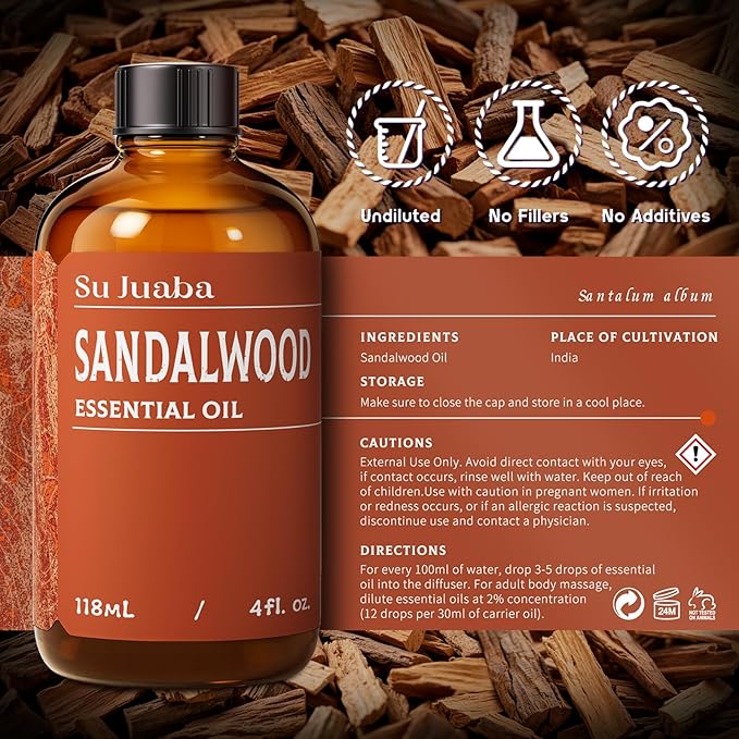 SU JUABA Sandalwood Oil 4 Fl Oz, 100% Natural Aromatherapy Oil for Diffuser,Skincare, Hair Care, DIY Fragrance, and Relaxation - 118ML