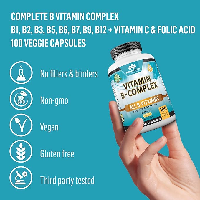 NaturaLife Labs Vitamin B Complex with Vitamin C and Folic Acid - B12, B1, B2, B3, Vitamin B5 Pantothenic Acid, B6, B7, B9 - Nervous System Support 100 Veggie Capsules