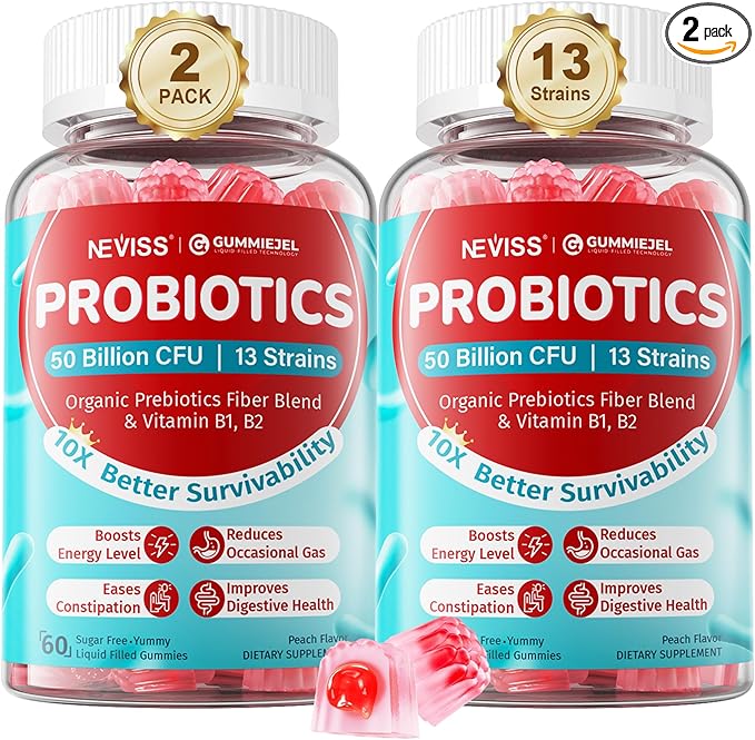 Probiotic + Prebiotic Gummies for Adults & Kids 4+, Sugar Free Chewable Probiotic 50Billion CFUs w/Fiber, Vitamin B1 B2 D3 & Zinc, for Digestive & Gut Health, Boost Microflora Diversity, Vegan 120 Cts