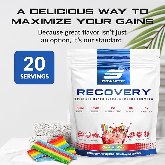 Granite Nutrition Recovery - Premium Intra-Workout Drink with EAAs, Cluster Dextrin, Sensoril & Senactiv for Athletic Performance and Lean Muscle Gains - Rainbow Candy Flavor (20 Servings)