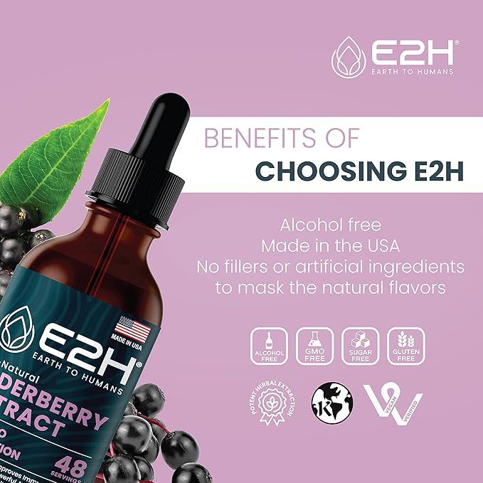 E2H Elderberry Syrup – Powerfull Antioxidants Supplement from Organic Elderberries Extract – Sambucus Elderberry Syrup for Kids & Adults for Immune Support | Non-GMO, Vegan (3 Bottles)