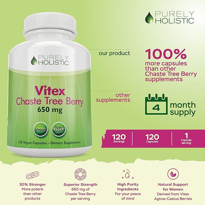 Purely Holistic Chasteberry Vitex Supplement 650mg - 4 Month Supply 120 Vegan Capsules Agnus-Castus Chaste Tree Berry Capsules Supports Normal Hormone Balance for Women