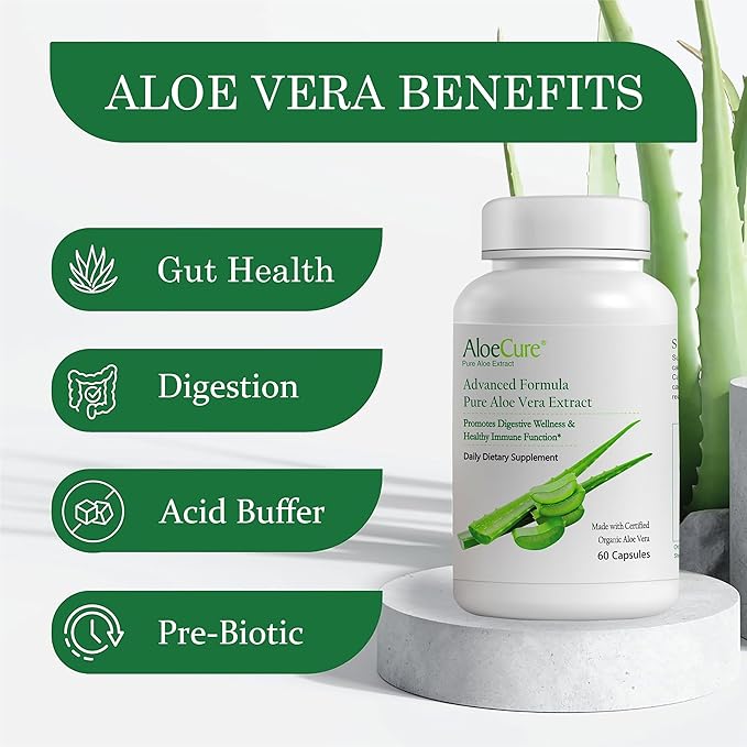 AloeCure Organic Aloe Vera Capsules, 160,000mg Inner Aloe Leaf Equivalent per Serving, Support Gut, Digestive, & Immune Health, Helps Maintain Balanced Stomach Acidity, Aloin Free, 60 Capsules