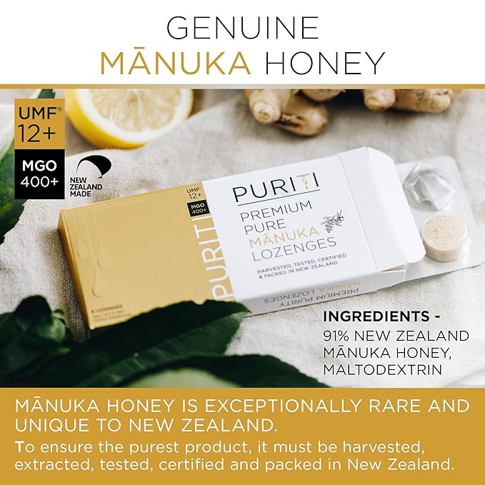 PURITI Premium Manuka Honey Lozenges High Potency - Sugar Free Drops | Genuine New Zealand Raw Manuka Honey Soothers for Coughs & Sore Throats | UMF Certified MGO 400+ UMF12+ (16 Pack)