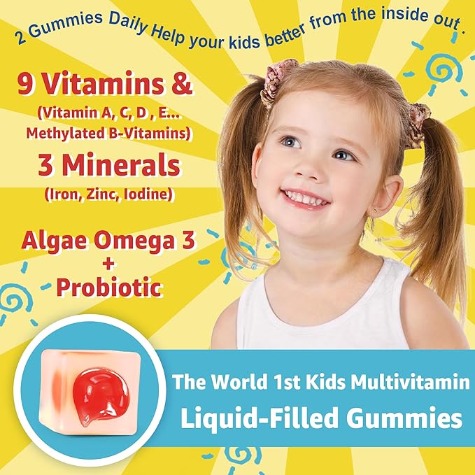 Kids Multivitamin Gummies with Iron, Sugar Free, Kids Daily Vitamins + Probiotics, Algae Omega 3 (EPA/DHA), A, C, D, Methyl B12, Folate, B6, Zinc, Biotin, for Healthy Growth, Immune Support, 60 Count