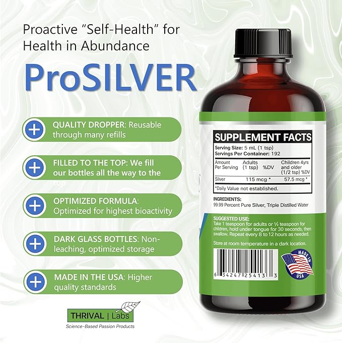 Ionic Colloidal Silver Liquid 20 PPM Bio Active for Immune Support Glass Bottle 64oz 384 Servings Organic Supplement