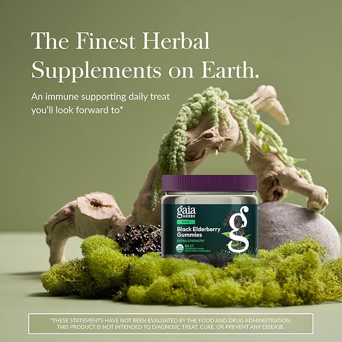 Gaia Herbs Black Elderberry (Sambucus Nigra) Extra Strength Gummies - Delicious Immune Support Supplement - Made with Certified Organic Black Elderberries for Immune System Support - 80 Gummies