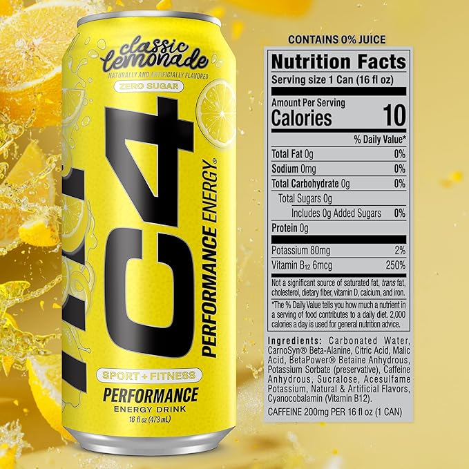 C4 Energy Drink, Lemonade Limited Edition Carbonated, Sugar Free Pre Workout Performance Drink with no Artificial Colors or Dyes, 16oz Pack of 12