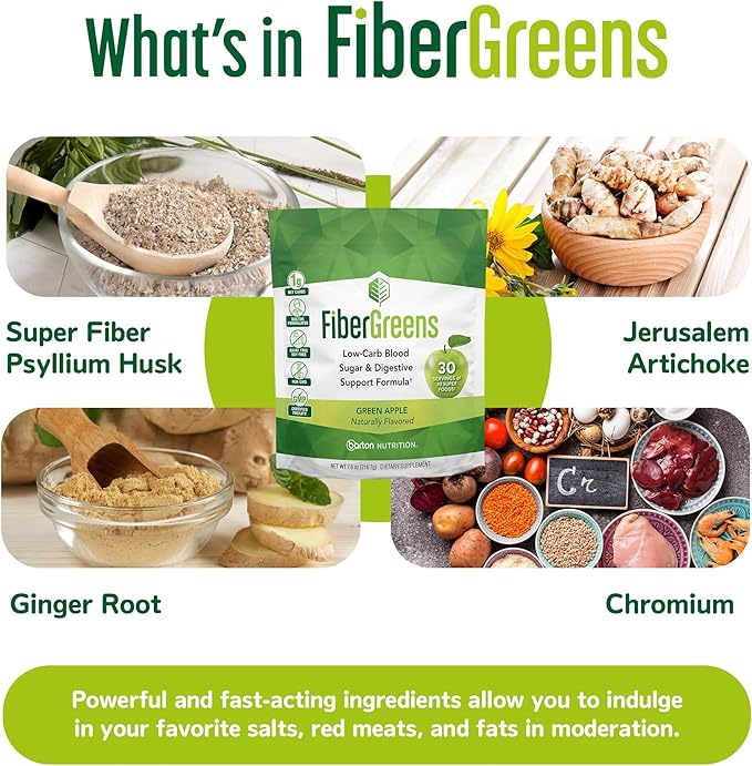 Green Apple Fiber Greens - Low-Carb Probiotics for Gut Health - Blood Function Support - Naturally Flavored Probiotic Formula with 30 Superfoods - Protects Heart Health, 30 Servings
