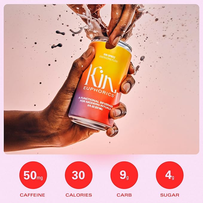 Kin Euphorics Kin Spritz Non-Alcoholic Functional Beverage | Invigorating Booster | Adaptogen & Nootropic Drink | Rhodiola Rosea, 5-HTP, GABA | Ready to Drink | 8 Fl Oz (8pk)