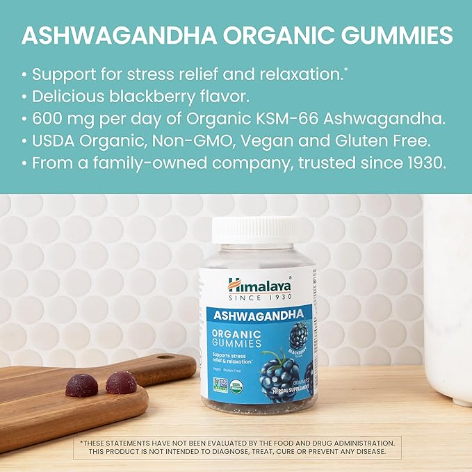 Himalaya Organic Ashwagandha Gummies, BlackBerry - Herbal Adrenal Support for Stress Relief, Energy Support and Occasional Sleeplessness - USDA Organic, Non-GMO, Vegan, Gluten Free, 60 Gummies