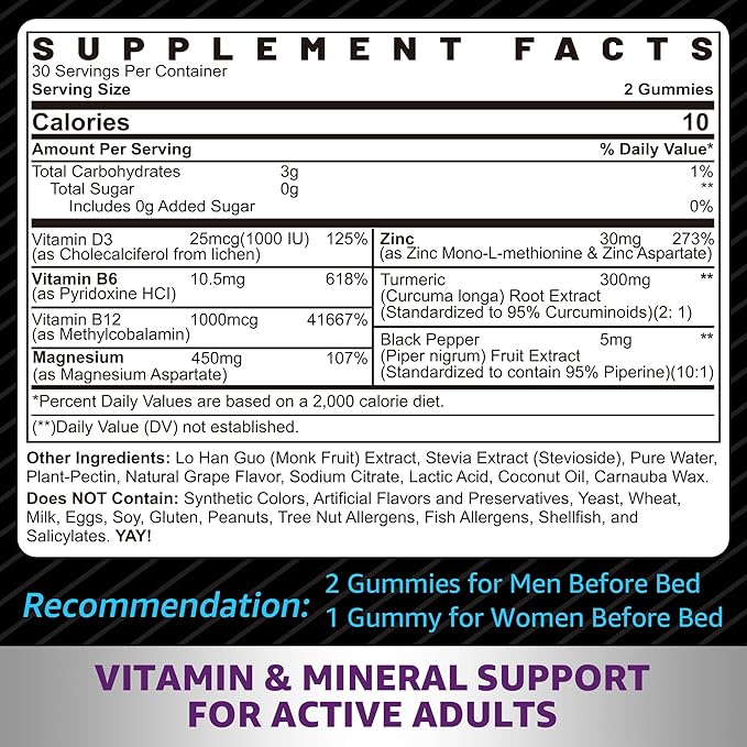 Zinc and Magnesium Supplement, Zinc Magnesium Aspartate Post Workout Gummies for Men Women, with Vitamin B6, B12, D3, Turmeric for Nighttime Recovery, Reduce Fatigue, Boost Immunity & Sleep, 120 Count