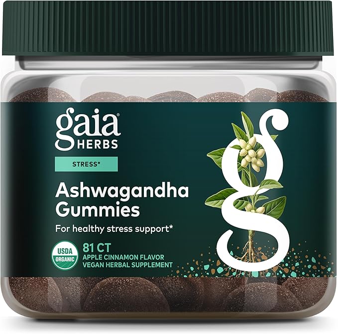 Gaia Herbs Organic Ashwagandha Gummies, Stress Support, Cinnamon, Ginger, Gluten Free, Vegan, 81 Count