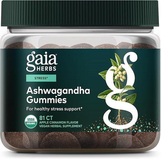 Gaia Herbs Organic Ashwagandha Gummies, Stress Support, Cinnamon, Ginger, Gluten Free, Vegan, 81 Count