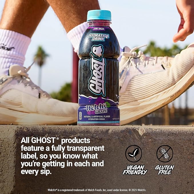 GHOST Hydration Drink, Welch’s Grape - RTD Sports Drink with Electrolytes, Natural Vitamins & Minerals - All Day Lifestyle Hydration Beverage - Zero Caffeine & Zero Sugars - 16.9 Fl Oz, 12 Pack