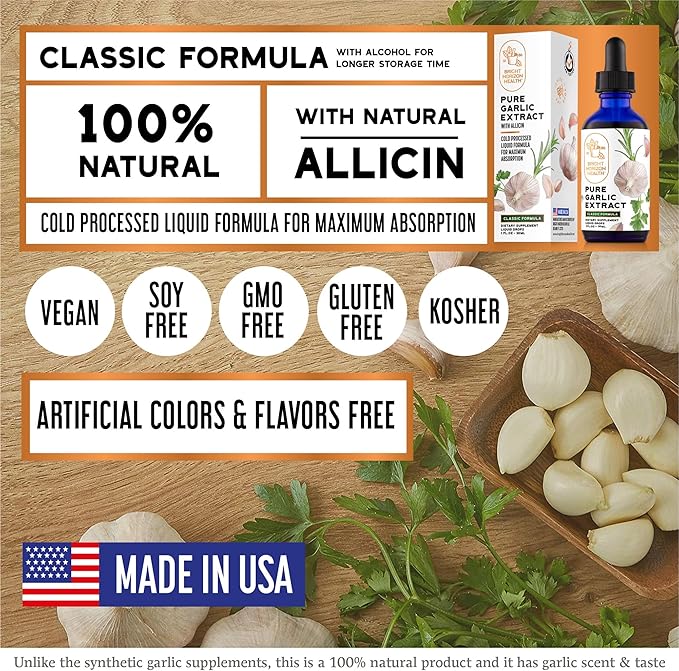 Pure Garlic Extract with Allicin Classic Cold-Processed Liquid Formula – 1 fl oz Dropper Bottle – Vegan, Non-GMO, No Additives