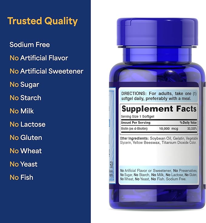 Puritan's Pride Premium Ultra Mega Biotin 10,000mcg, Dietary Supplement for Healthy Hair, Skin, Nails, and Energy Metabolism Support, 100 Day Supply, 50 Rapid Release Softgels, 2 Pack