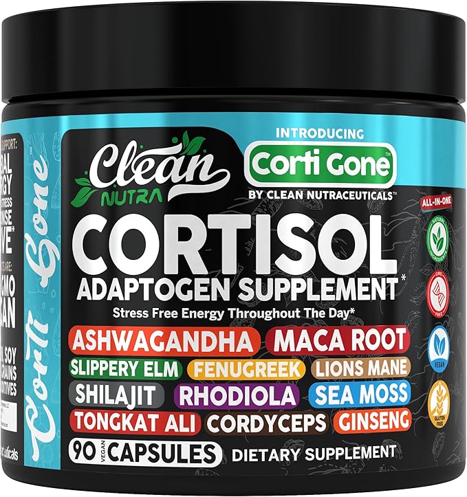 Clean Nutra Cortisol Supplements For Women | Maca Root Ashwagandha Cortisol Detox Manager Reducer + Slippery Elm Fenugreek Lions Mane Shilajit Rhodiola Sea Moss Tongkat Ali Cordyceps Ginseng Beet Root