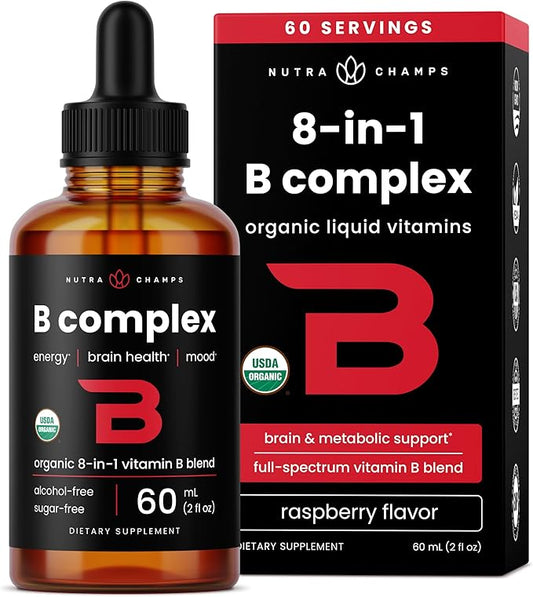 USDA Organic Vitamin B Complex Liquid Drops | B Vitamins Complex Supplement with B1, B2, B3, B6, B7, B9 & Methyl B12 Drops for Adults & Kids | Vegan Berry Flavor 2oz | 60 Servings / 2 Month Supply