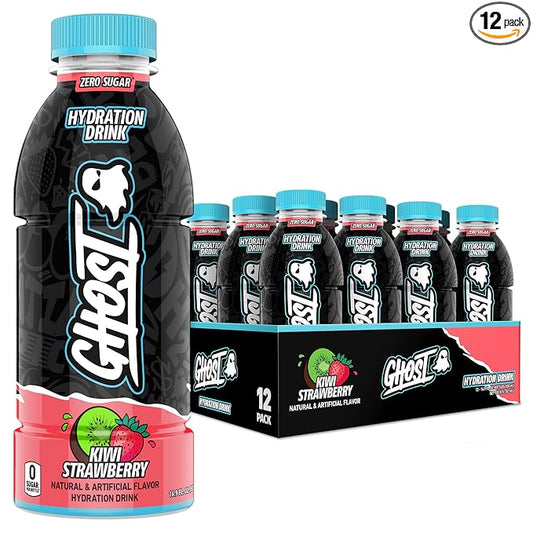 GHOST Hydration Drink, Kiwi Strawberry- RTD Sports Drink with Electrolytes, Natural Vitamins & Minerals - All Day Lifestyle Hydration Beverage - Zero Caffeine & Zero Sugars - 16.9 Fl Oz, 12 Pack