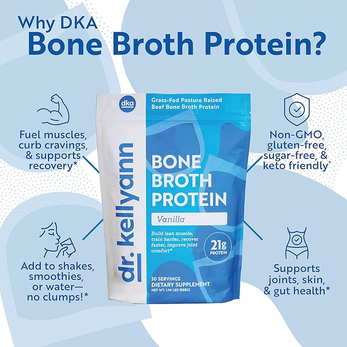 Dr. Kellyann Bone Broth Protein Powder Vanilla (30 Servings) – 21g Protein, Grass-Fed Collagen, Sugar-Free, Keto & Paleo-Friendly, 1 Pack
