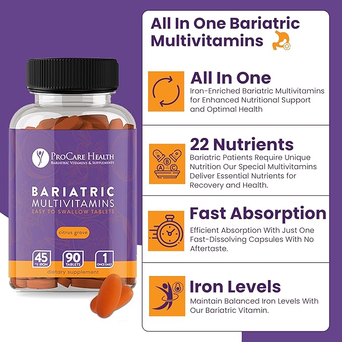 ProCare Health Bariatric Multivitamin with Iron 45mg (90 Easy to Swallow Tablets) - Post Op Bariatric Vitamins for Gastric Bypass Pills for Sleeve Patients, Sustains Recovery & Energy (3 Month Supply)
