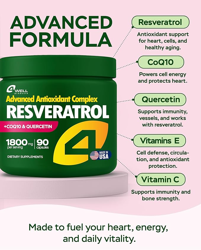 Resveratrol Supplement 1800mg Complex - COQ10, Quercetin, Vitamin E, Vitamin C - Powerful Antioxidant Formula for Enhanced Energy, Heart Health & Healthy-Aging Support Trans Resveratrol 90 Capsules