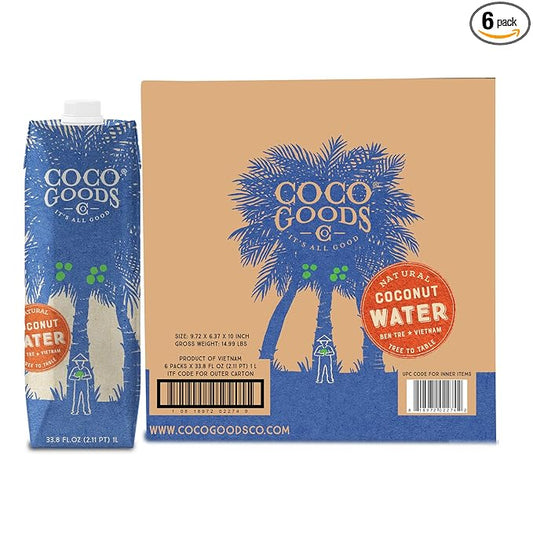 CocoGoods Co. Vietnam Single-Origin 100% Natural Coconut Water, Non-GMO, Never from Concentrate (33.8 fl. oz/1 liter, 6 pack)