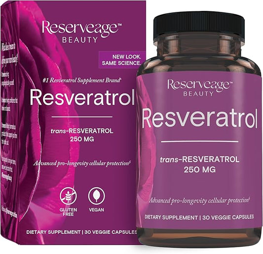 Reserveage Beauty, Resveratrol 250 mg, Antioxidant Supplement for Heart and Cellular Health, Supports Healthy Aging and Immune System, Paleo, Keto, 30 Capsules