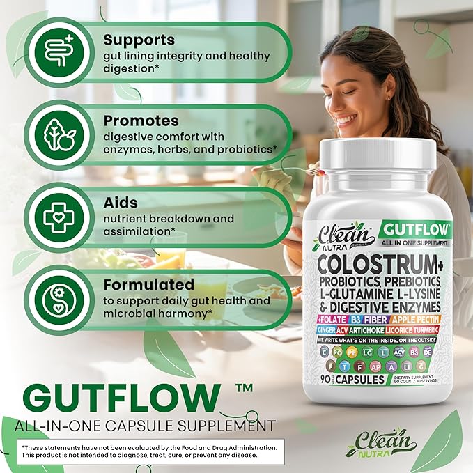 Clean Nutraceuticals Colostrum Supplement Capsules Probiotics Pills Prebiotics, L-Glutamine, Digestive Enzymes, Folate, Fiber, ACV, Turmeric, Apple Pectin and Turmeric Pills