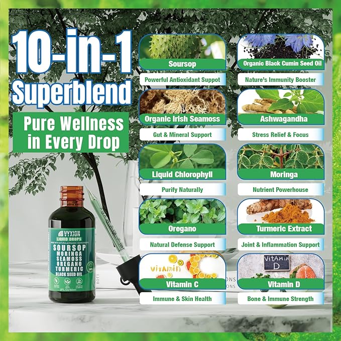 Soursop Pure Liquid Drops 10 in 1 with Sea Moss, Moringa, Turmeric, Black Seed Oil, Oregano, Ashwagandha | Herbal extracts for Overall Health-Enhancing | Vegan, Non-GMO | 4 Fl Oz
