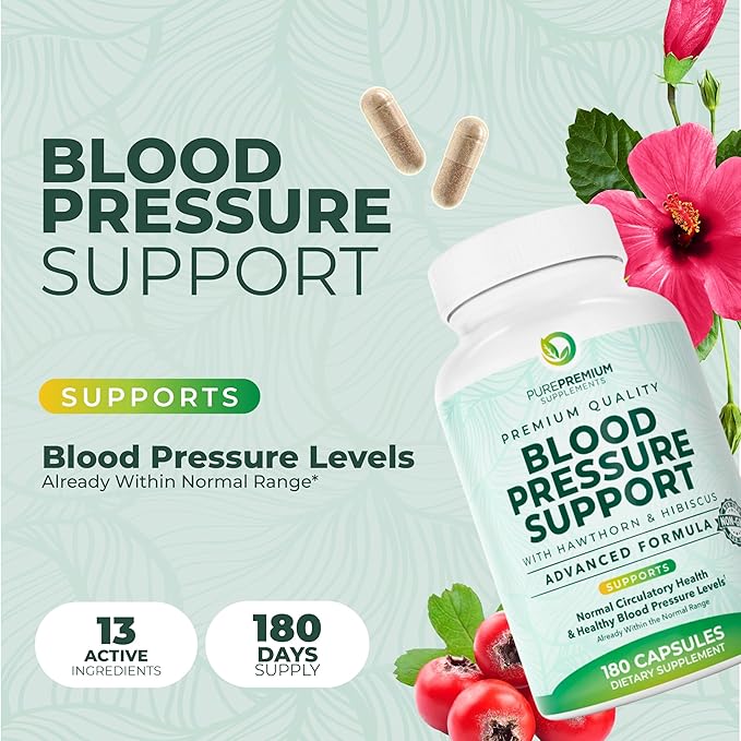 PurePremium Blood Pressure Supplements with Hawthorn Berry, Hibiscus, Garlic & Vitamin B12- Nitric Oxide Supplement for Normal Heart Health, Circulation Health & Blood Pressure Support - 180ct