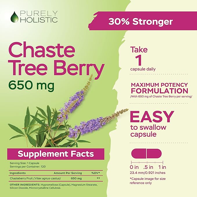 Purely Holistic Chasteberry Vitex Supplement 650mg - 4 Month Supply 120 Vegan Capsules Agnus-Castus Chaste Tree Berry Capsules Supports Normal Hormone Balance for Women