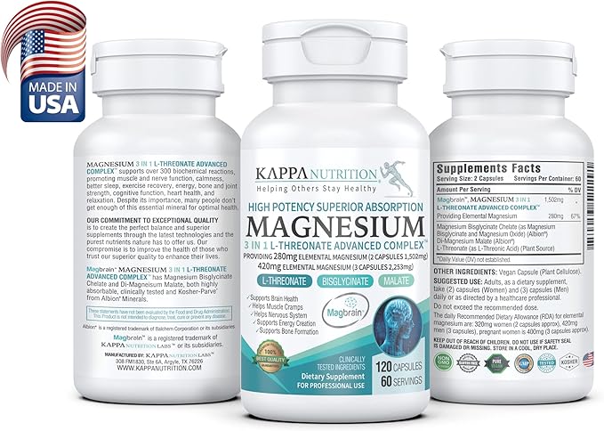 Kappa Nutrition Magbrain™ Magnesium L-Threonate Plant-Based, 420mg Elemental Magnesium (3 Capsules) from 2,253mg, 120 Vegan Capsules, Brain, Sleep & Muscle Support.