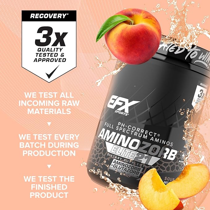 EFX Sports Aminozorb Elite 21 | PH-Correct, Full Spectrum Aminos + Glutamine | Essential & Non Essential Aminos | Zero Sugars | 30 Servings (Sour Peach)