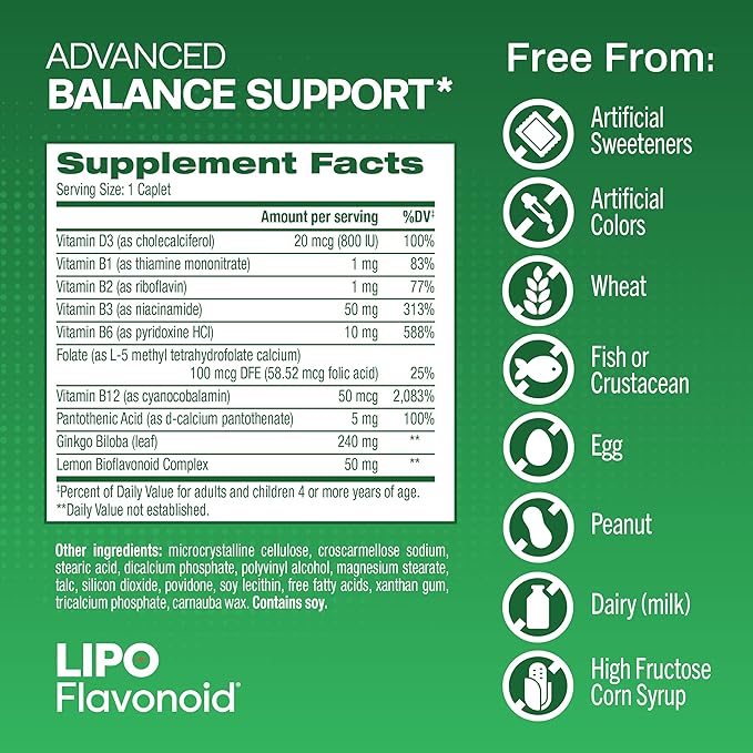Lipo-Flavonoid Balance Support Supplement - Inner Ear Health & Vertigo Relief with Ginkgo Biloba, Bioflavonoids, & B Vitamins - Reduces Dizziness, Spinning, & Swaying - 30-Count