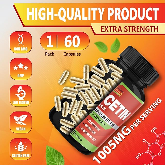 Organic Cadane Quercetin Extract Capsules - Combined with VitC, Zn.C, VitD3, Elderberry, Bromelain, Nettle, Ginger, Echinacea, Garlic, Pepper - 60 Capsules
