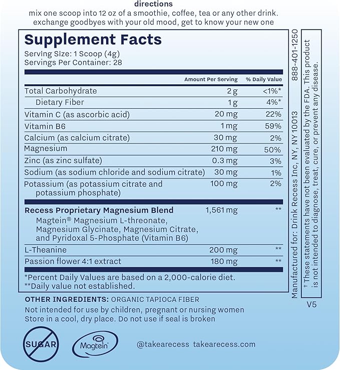 Recess Mood Powder, Calming Magnesium L-Threonate Blend with Passion Flower, L-Theanine, Electrolytes, Magnesium Calm Support Powder Supplement - Unflavored 28 Serving Tub