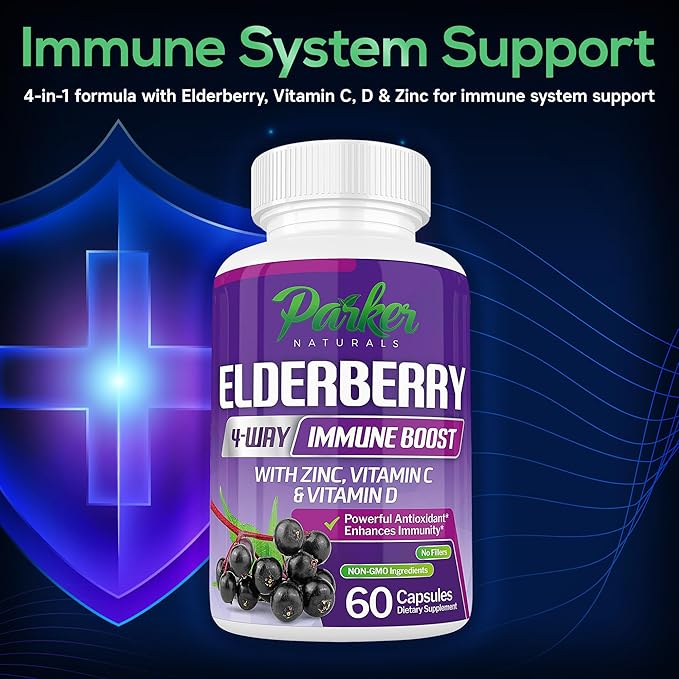 Organic Elderberry Capsules, 4-Way Immune Boost Elderberries, Vitamins C, D & Zinc Support, 1260.1 mg Elderberry Supplements for Adults, 60 Capsules