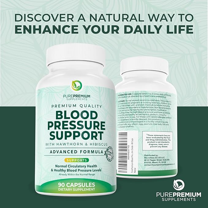 PurePremium Blood Pressure Supplements with Hawthorn Berry, Hibiscus, Garlic & Vitamin B12- Nitric Oxide Supplement for Normal Heart Health, Circulation Health & Blood Pressure Support - 90ct