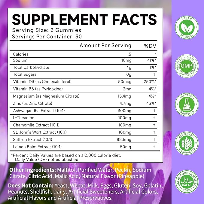 Saffron Gummies for Adult Kids, 10-IN-1 Regulate Cortisol Supplement with Saffron 88.5mg, Vitamin D3, B6, Magnesium, Zinc, Ashwagandha, L-Theanine, St. John's Wort, For Emotions, Slumber, 120 Count