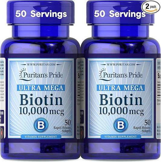 Puritan's Pride Premium Ultra Mega Biotin 10,000mcg, Dietary Supplement for Healthy Hair, Skin, Nails, and Energy Metabolism Support, 100 Day Supply, 50 Rapid Release Softgels, 2 Pack
