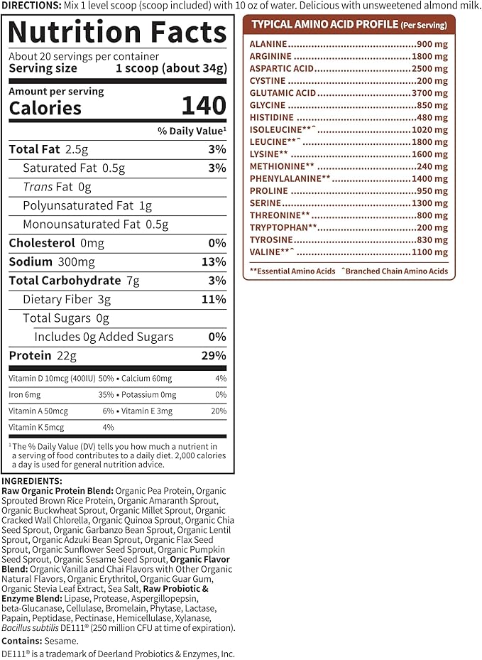 Garden of Life Protein Powder, Vegan Protein Powder, BCAA, Probiotics & Digestive Enzymes, Gluten & Lactose Free, Vanilla Chai, 20 Servings