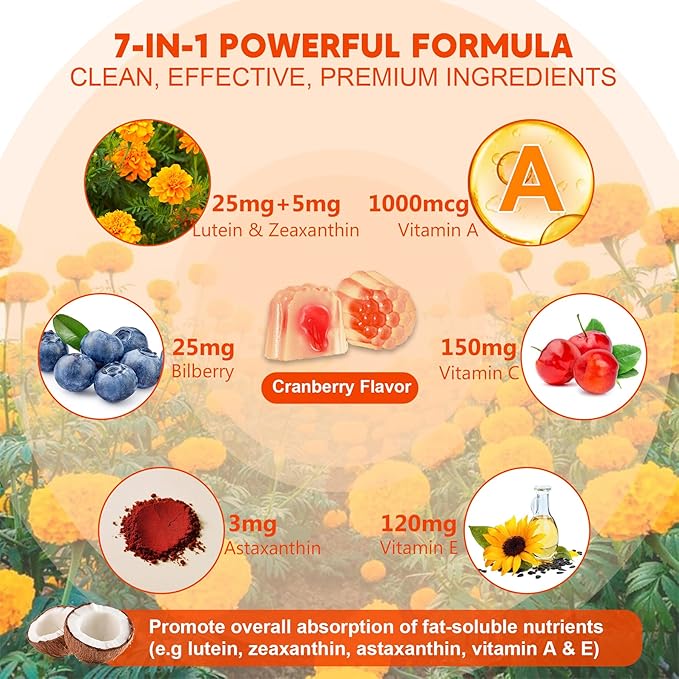 Sugar-Free Lutein Zeaxanthin Supplements Gummies (25mg) Vitamins A, C, E, Bilberry, Astaxanthin - Coconut Oil for Better Absorption - Adults & Teens Vision Health, Eye Strain, Dry Eyes - Vegan, 60Cts